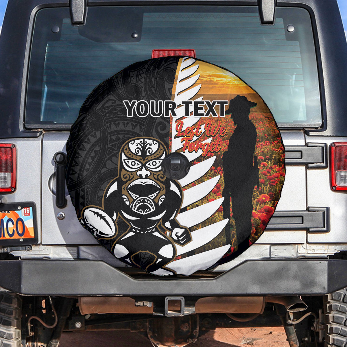 Custom New Zealand Silver Fern Rugby ANZAC Day Spare Tire Cover 2024 All Black Tiki Mascot - Vibe Hoodie Shop