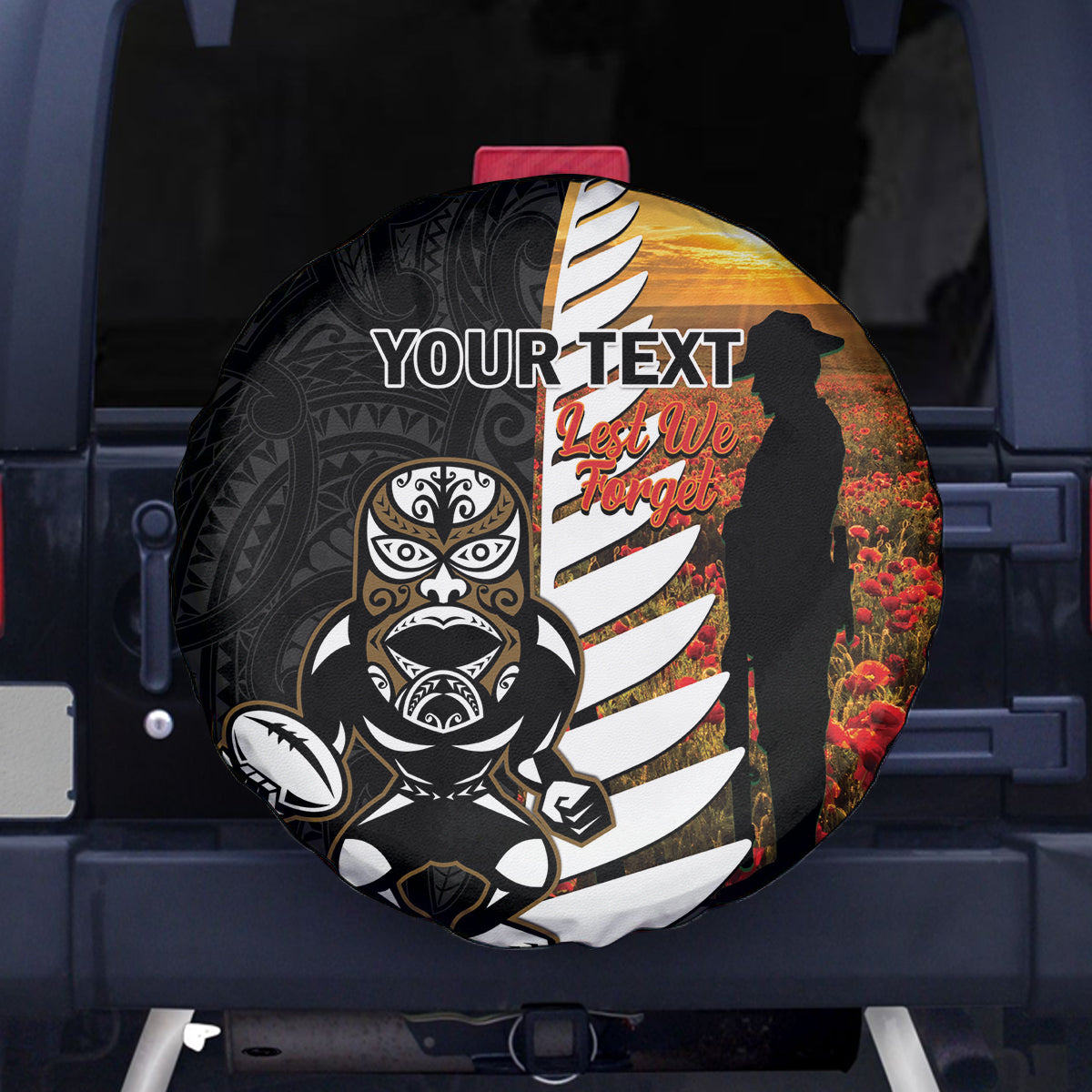 Custom New Zealand Silver Fern Rugby ANZAC Day Spare Tire Cover 2024 All Black Tiki Mascot - Vibe Hoodie Shop