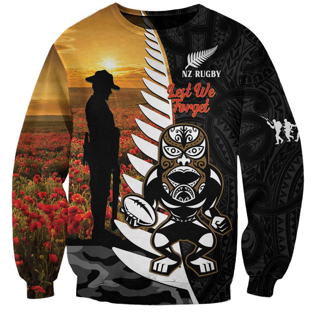 Custom New Zealand Silver Fern Rugby ANZAC Day Sweatshirt 2024 All Black Tiki Mascot - Vibe Hoodie Shop