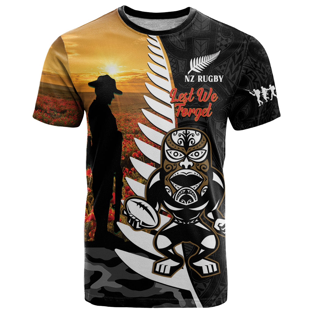 Custom New Zealand Silver Fern Rugby ANZAC Day T Shirt 2024 All Black Tiki Mascot - Vibe Hoodie Shop