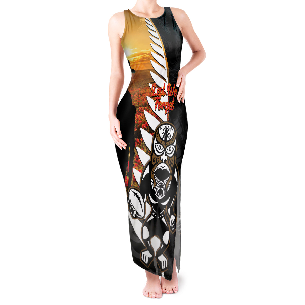 Custom New Zealand Silver Fern Rugby ANZAC Day Tank Maxi Dress 2024 All Black Tiki Mascot