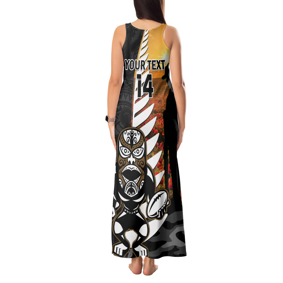 Custom New Zealand Silver Fern Rugby ANZAC Day Tank Maxi Dress 2024 All Black Tiki Mascot