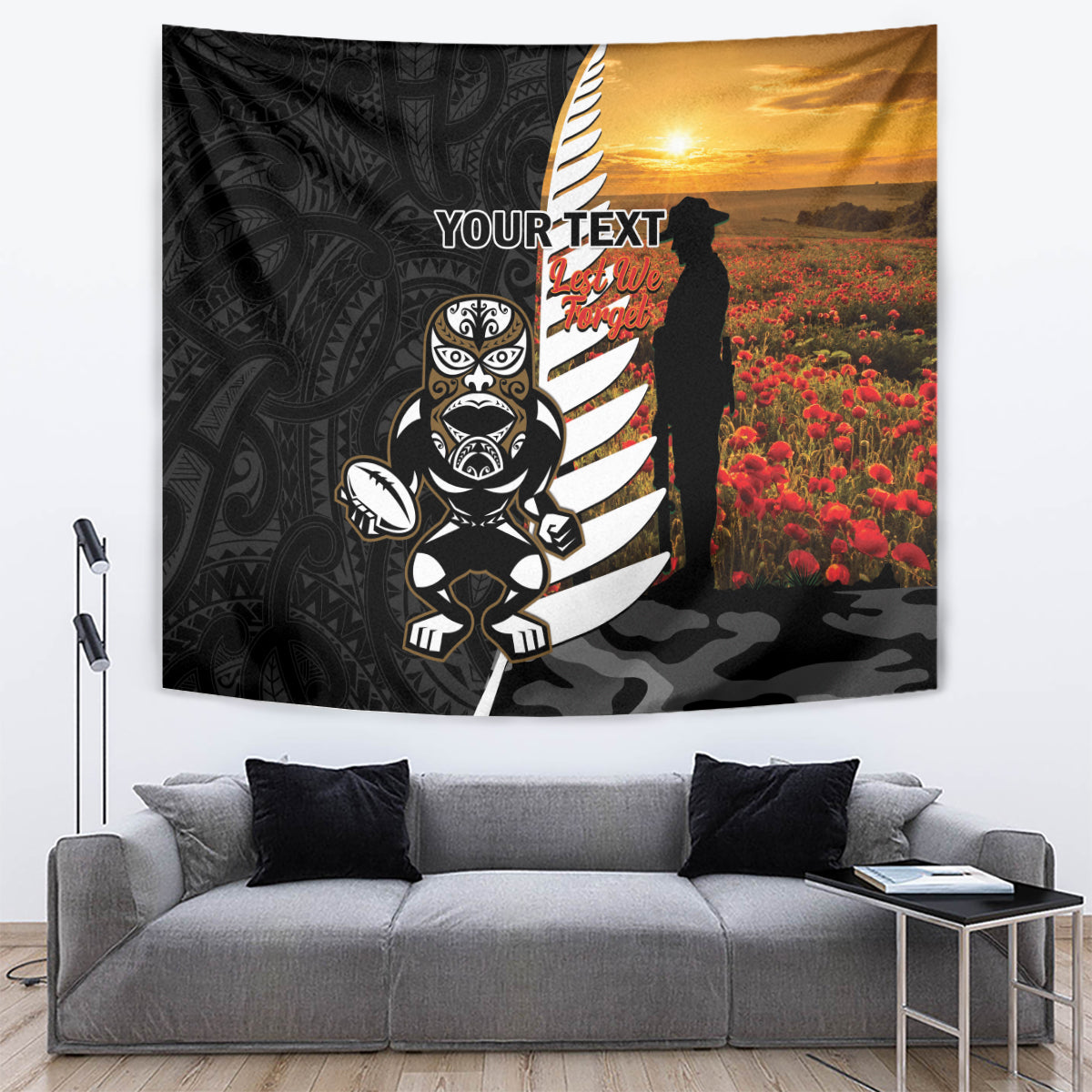 Custom New Zealand Silver Fern Rugby ANZAC Day Tapestry 2024 All Black Tiki Mascot - Vibe Hoodie Shop