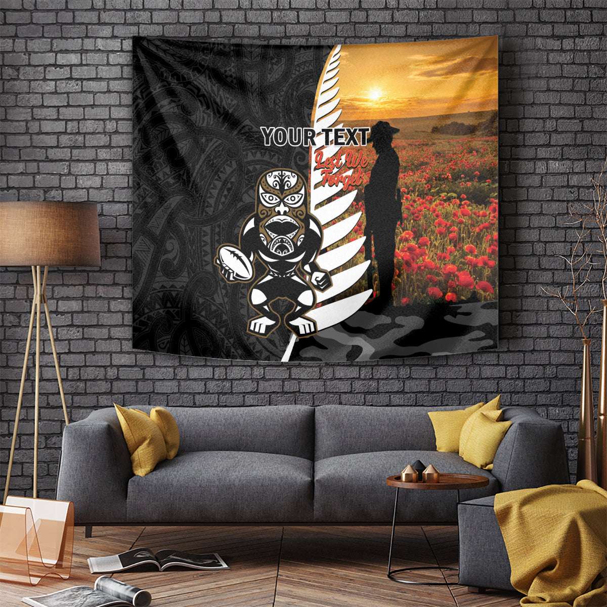 Custom New Zealand Silver Fern Rugby ANZAC Day Tapestry 2024 All Black Tiki Mascot - Vibe Hoodie Shop