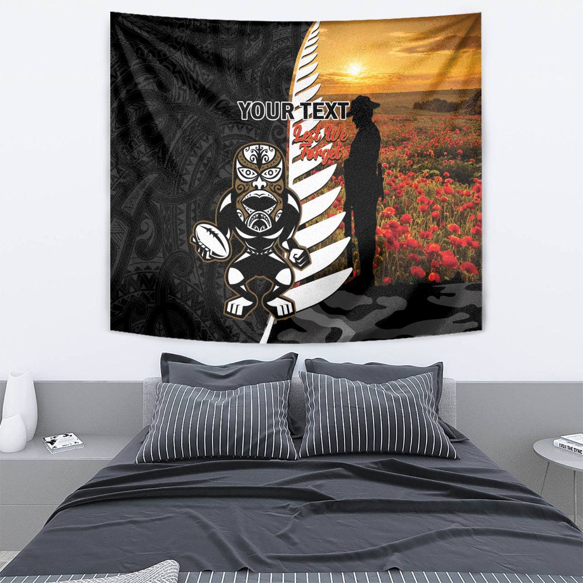 Custom New Zealand Silver Fern Rugby ANZAC Day Tapestry 2024 All Black Tiki Mascot - Vibe Hoodie Shop