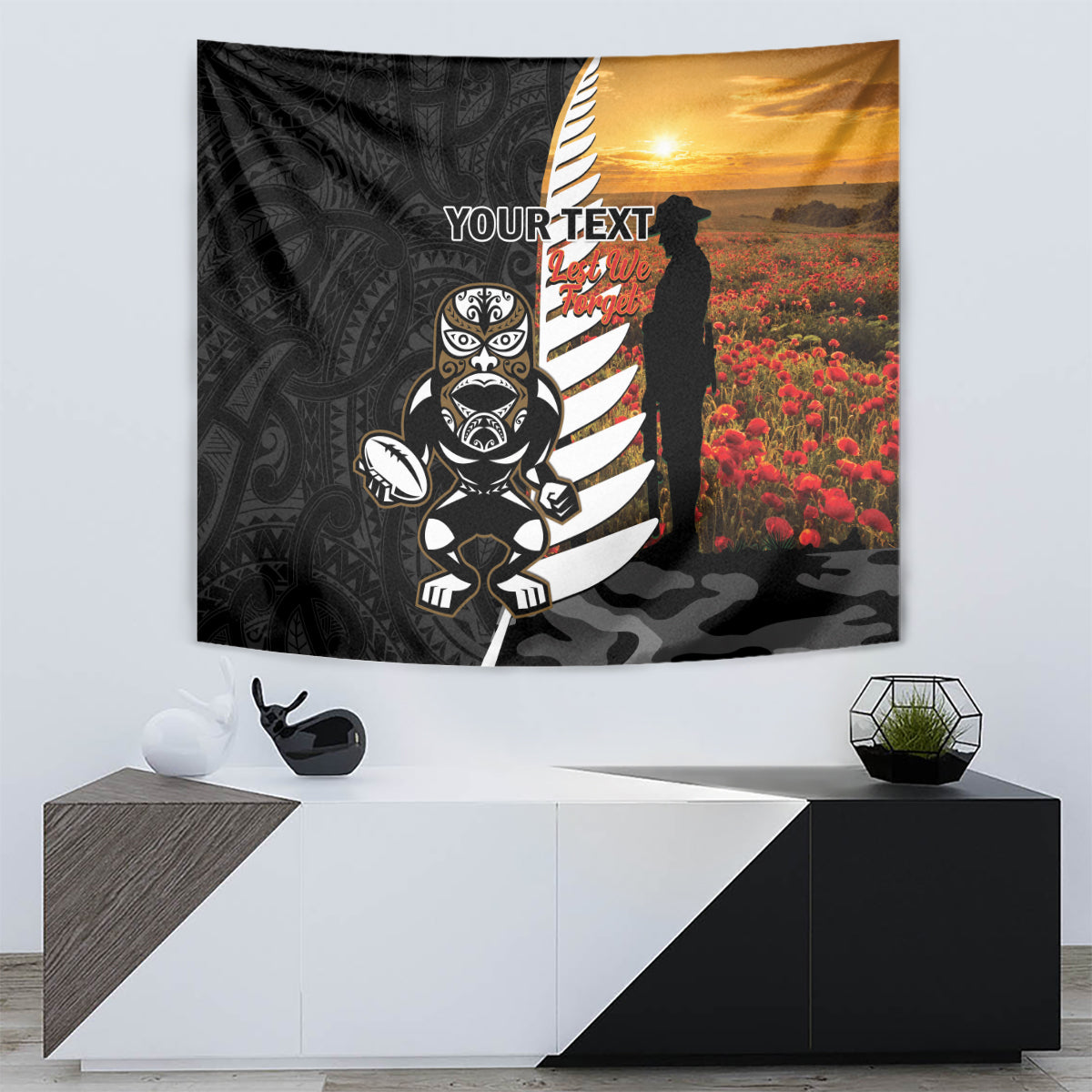 Custom New Zealand Silver Fern Rugby ANZAC Day Tapestry 2024 All Black Tiki Mascot - Vibe Hoodie Shop