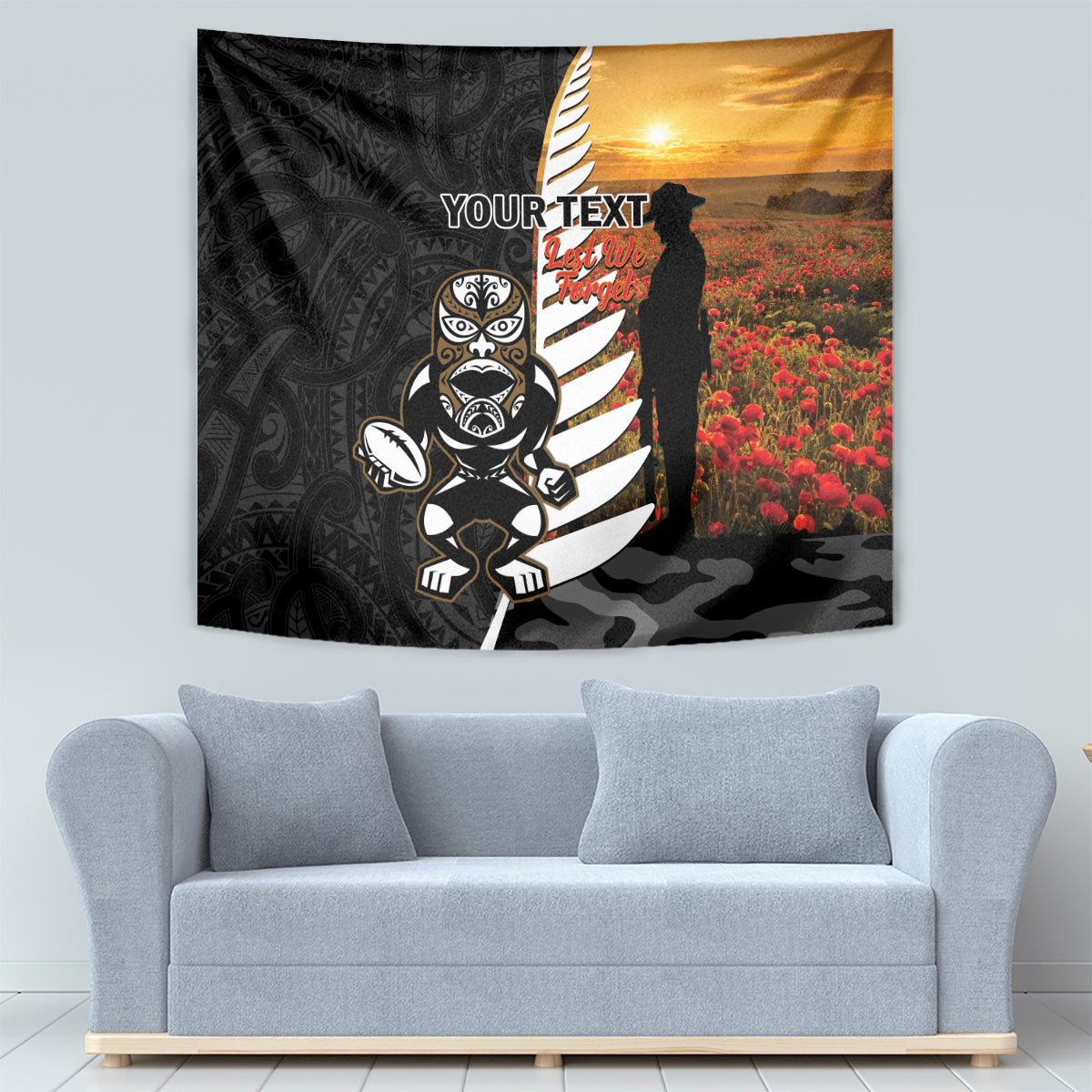 Custom New Zealand Silver Fern Rugby ANZAC Day Tapestry 2024 All Black Tiki Mascot - Vibe Hoodie Shop