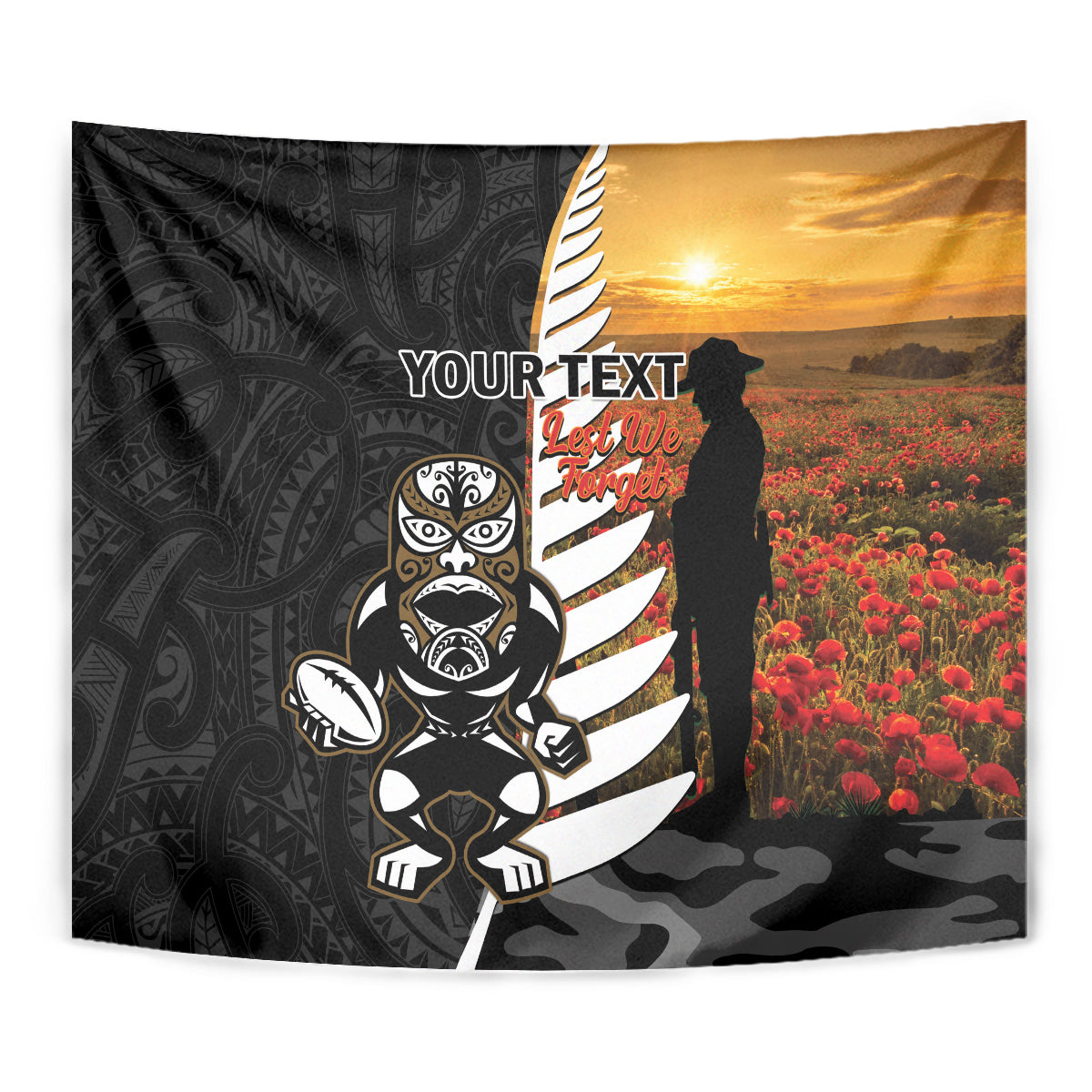 Custom New Zealand Silver Fern Rugby ANZAC Day Tapestry 2024 All Black Tiki Mascot - Vibe Hoodie Shop