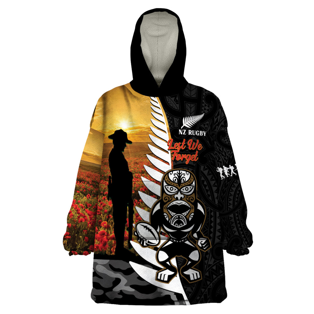 Custom New Zealand Silver Fern Rugby ANZAC Day Wearable Blanket Hoodie 2024 All Black Tiki Mascot - Vibe Hoodie Shop