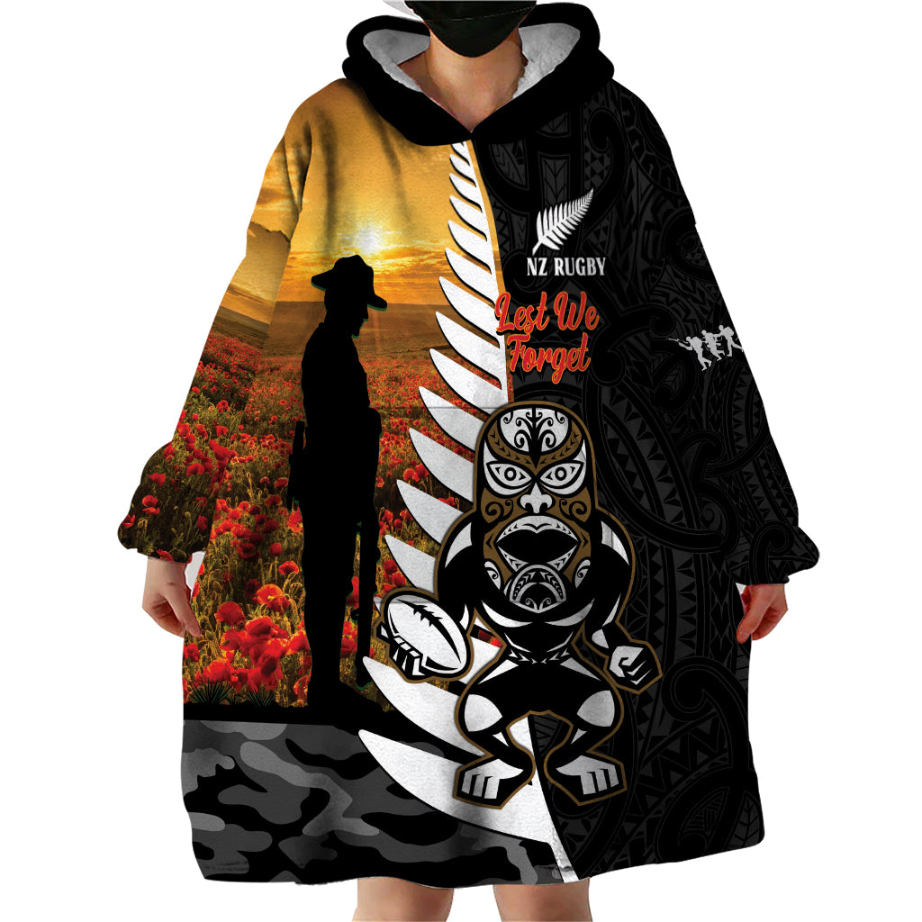 Custom New Zealand Silver Fern Rugby ANZAC Day Wearable Blanket Hoodie 2024 All Black Tiki Mascot - Vibe Hoodie Shop