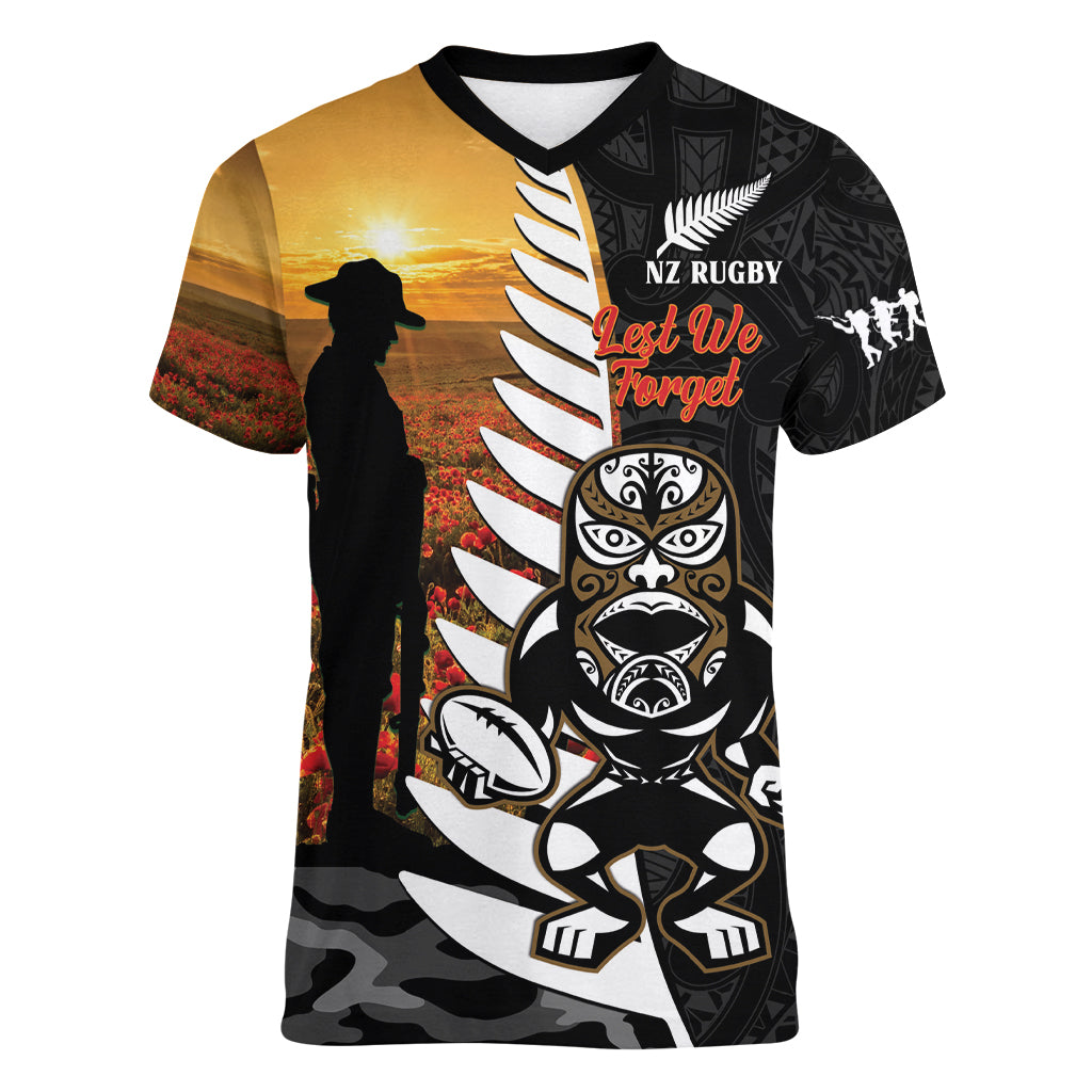 Custom New Zealand Silver Fern Rugby ANZAC Day Women V Neck T Shirt 2024 All Black Tiki Mascot - Vibe Hoodie Shop