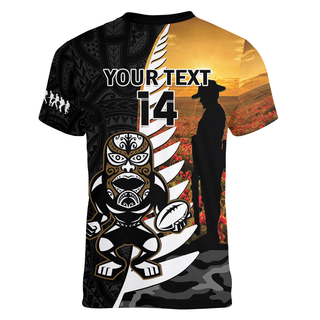 Custom New Zealand Silver Fern Rugby ANZAC Day Women V Neck T Shirt 2024 All Black Tiki Mascot - Vibe Hoodie Shop