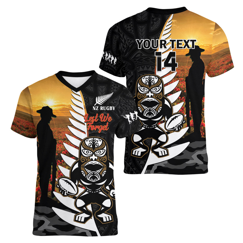 Custom New Zealand Silver Fern Rugby ANZAC Day Women V Neck T Shirt 2024 All Black Tiki Mascot - Vibe Hoodie Shop