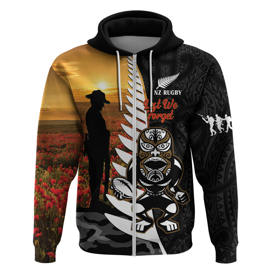 Custom New Zealand Silver Fern Rugby ANZAC Day Zip Hoodie 2024 All Black Tiki Mascot - Vibe Hoodie Shop