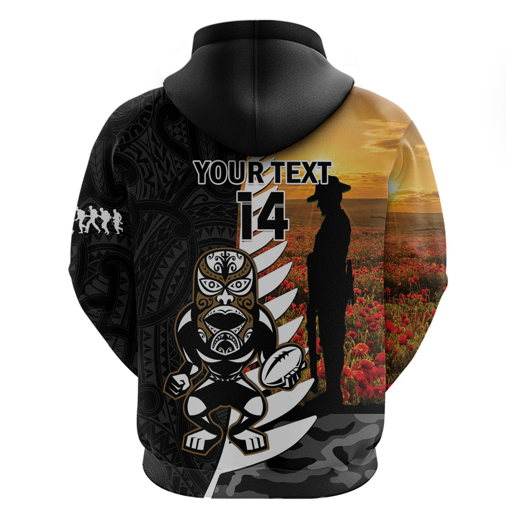 Custom New Zealand Silver Fern Rugby ANZAC Day Zip Hoodie 2024 All Black Tiki Mascot - Vibe Hoodie Shop