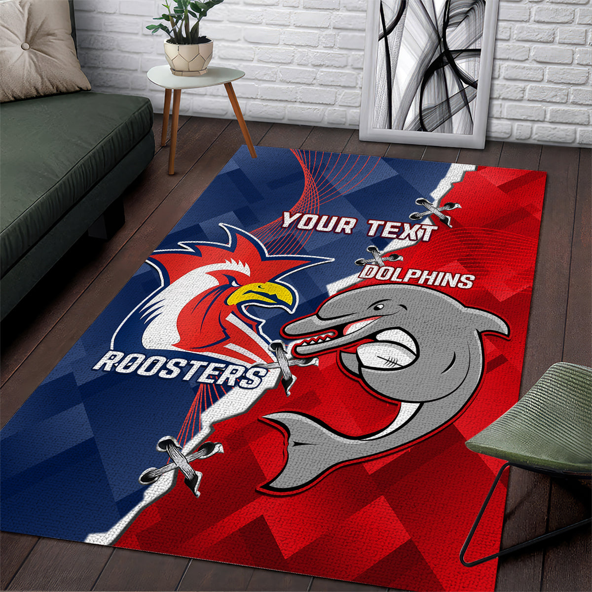 Personalised Dolphins And Roosters Rugby Area Rug NRL Sporty Style - Vibe Hoodie Shop