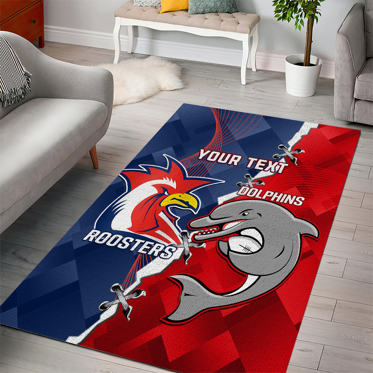 Personalised Dolphins And Roosters Rugby Area Rug NRL Sporty Style - Vibe Hoodie Shop