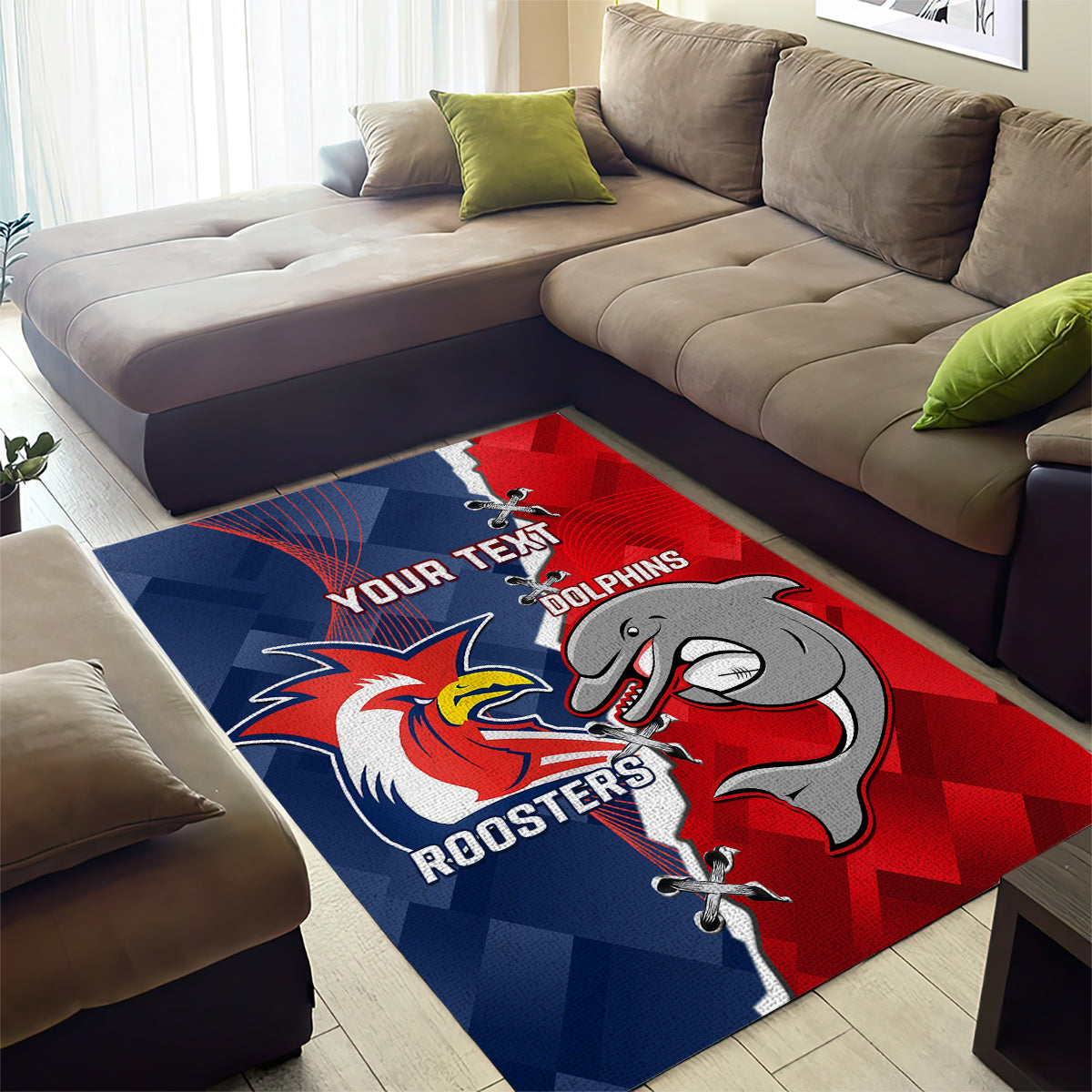 Personalised Dolphins And Roosters Rugby Area Rug NRL Sporty Style - Vibe Hoodie Shop