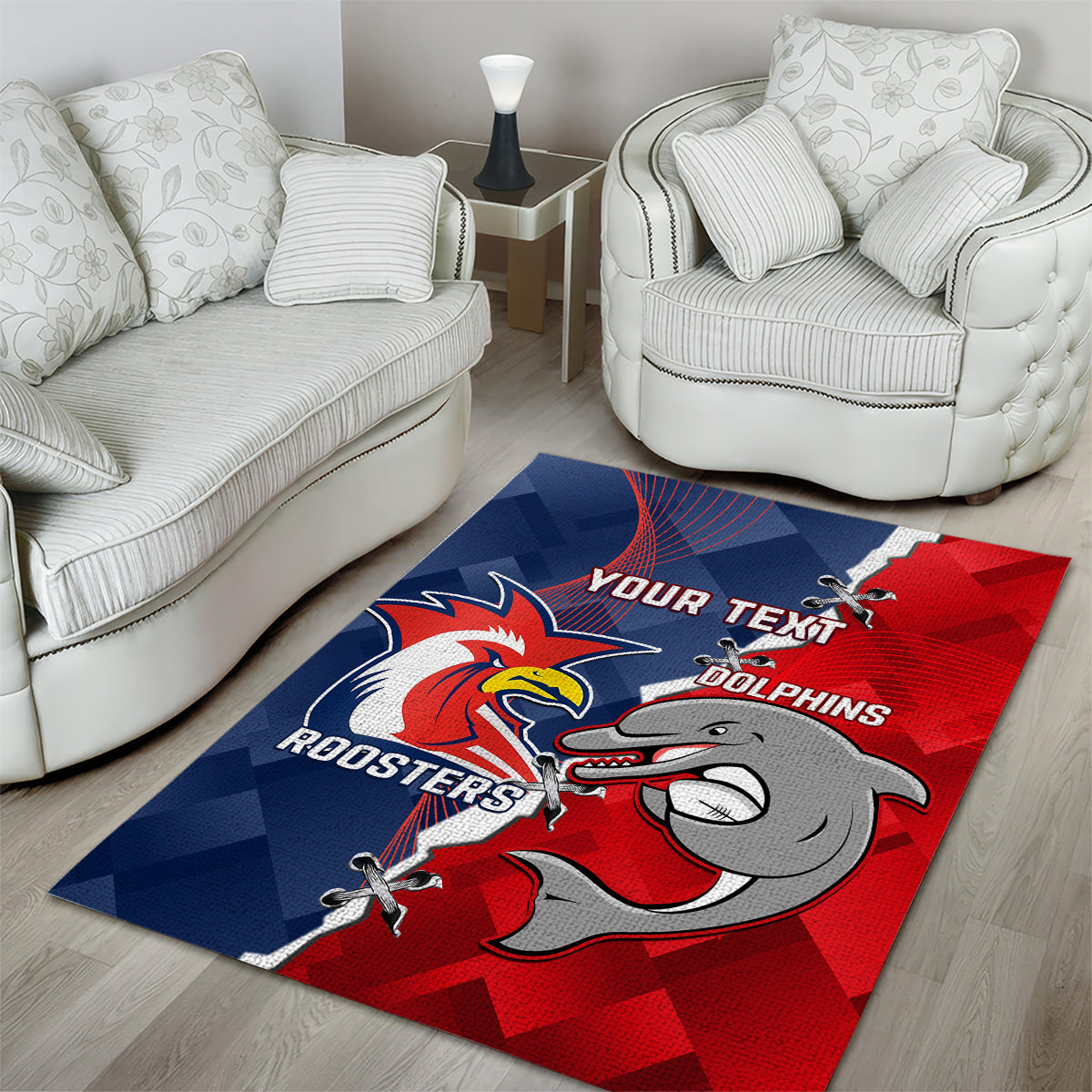 Personalised Dolphins And Roosters Rugby Area Rug NRL Sporty Style - Vibe Hoodie Shop