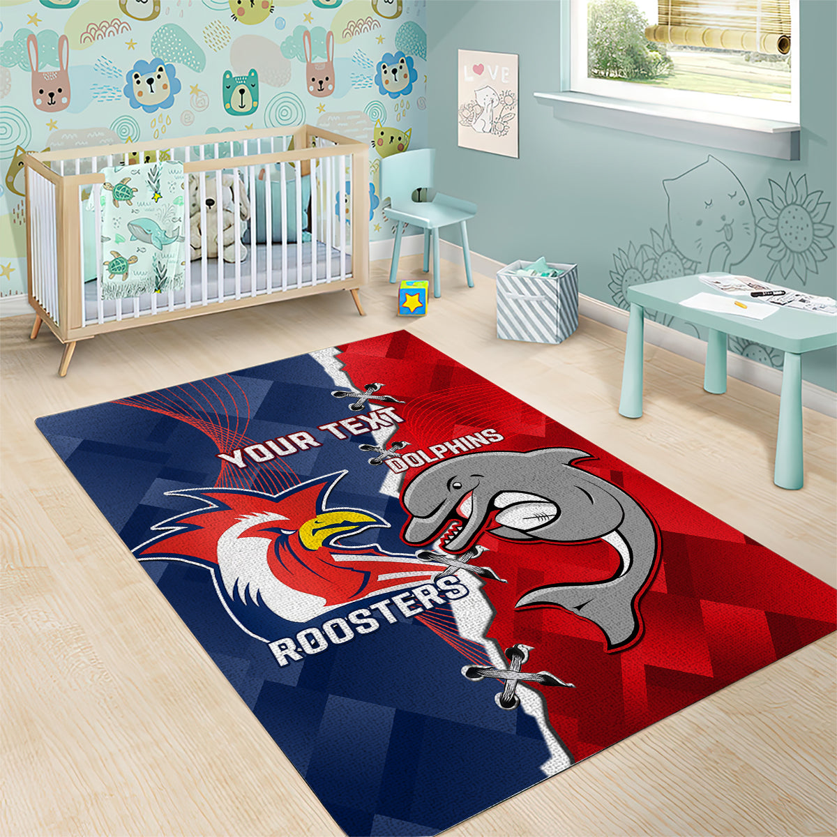 Personalised Dolphins And Roosters Rugby Area Rug NRL Sporty Style - Vibe Hoodie Shop