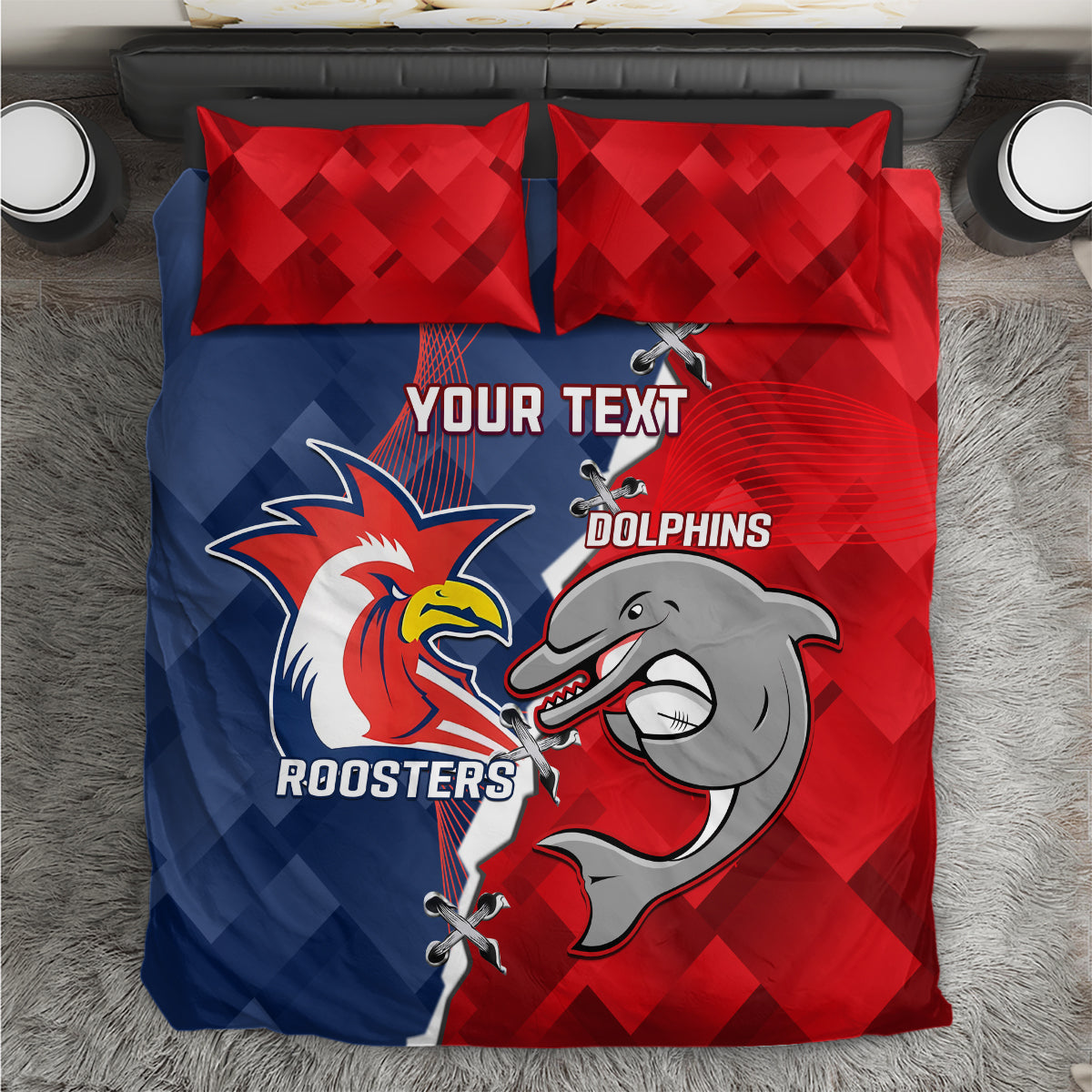 Personalised Dolphins And Roosters Rugby Bedding Set NRL Sporty Style - Vibe Hoodie Shop