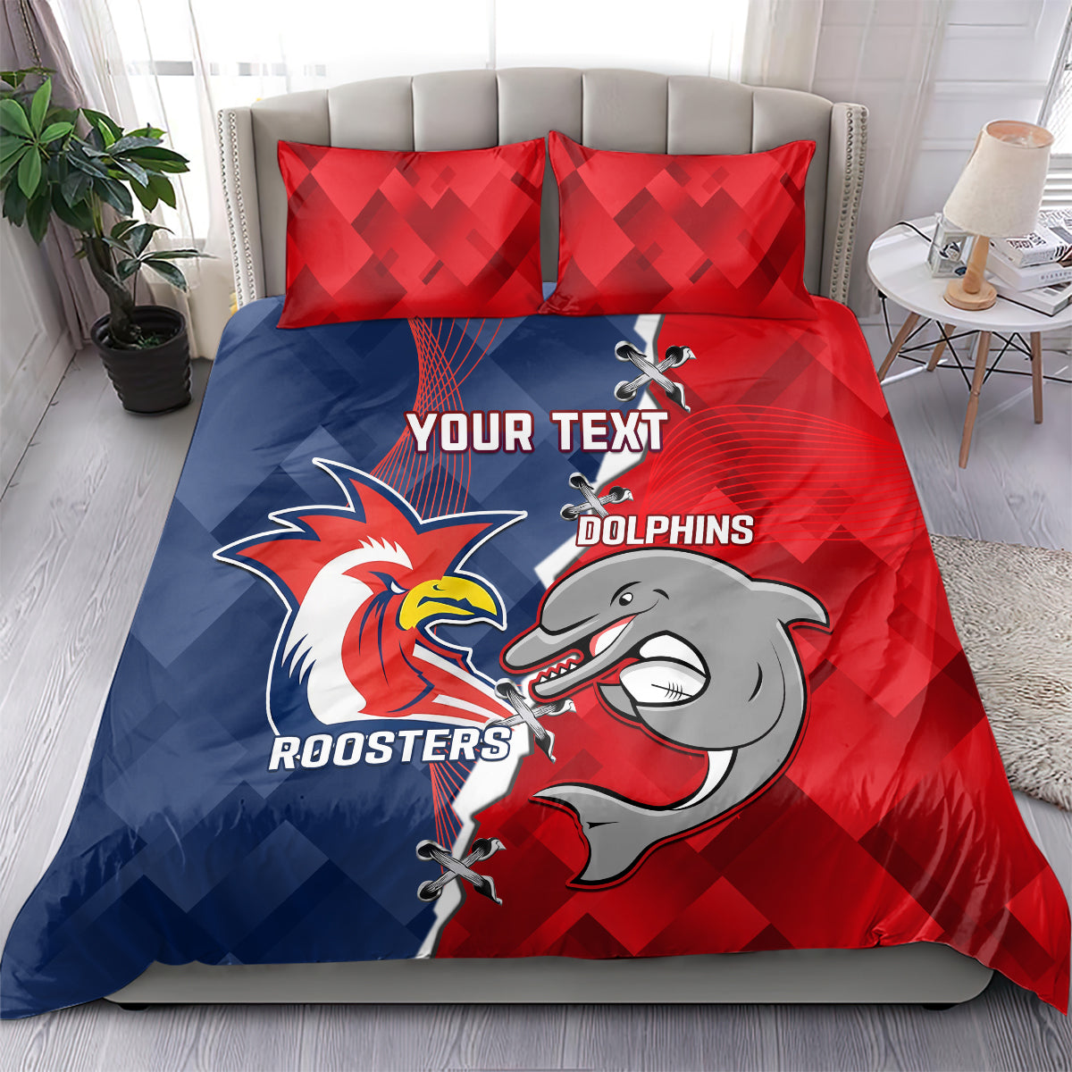 Personalised Dolphins And Roosters Rugby Bedding Set NRL Sporty Style - Vibe Hoodie Shop