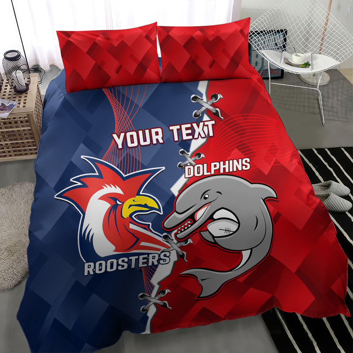 Personalised Dolphins And Roosters Rugby Bedding Set NRL Sporty Style - Vibe Hoodie Shop