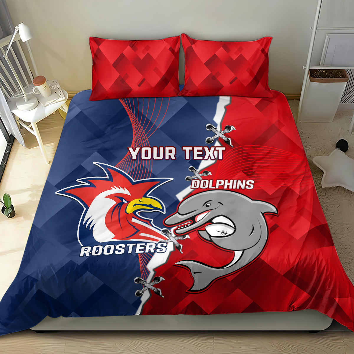 Personalised Dolphins And Roosters Rugby Bedding Set NRL Sporty Style - Vibe Hoodie Shop