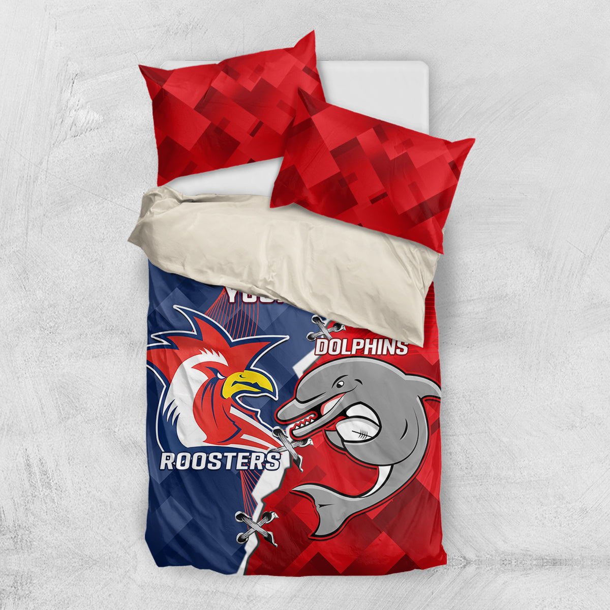 Personalised Dolphins And Roosters Rugby Bedding Set NRL Sporty Style - Vibe Hoodie Shop