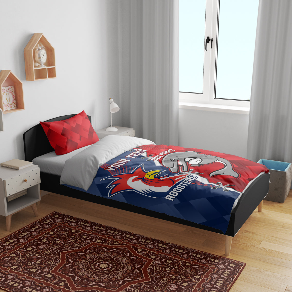 Personalised Dolphins And Roosters Rugby Bedding Set NRL Sporty Style - Vibe Hoodie Shop