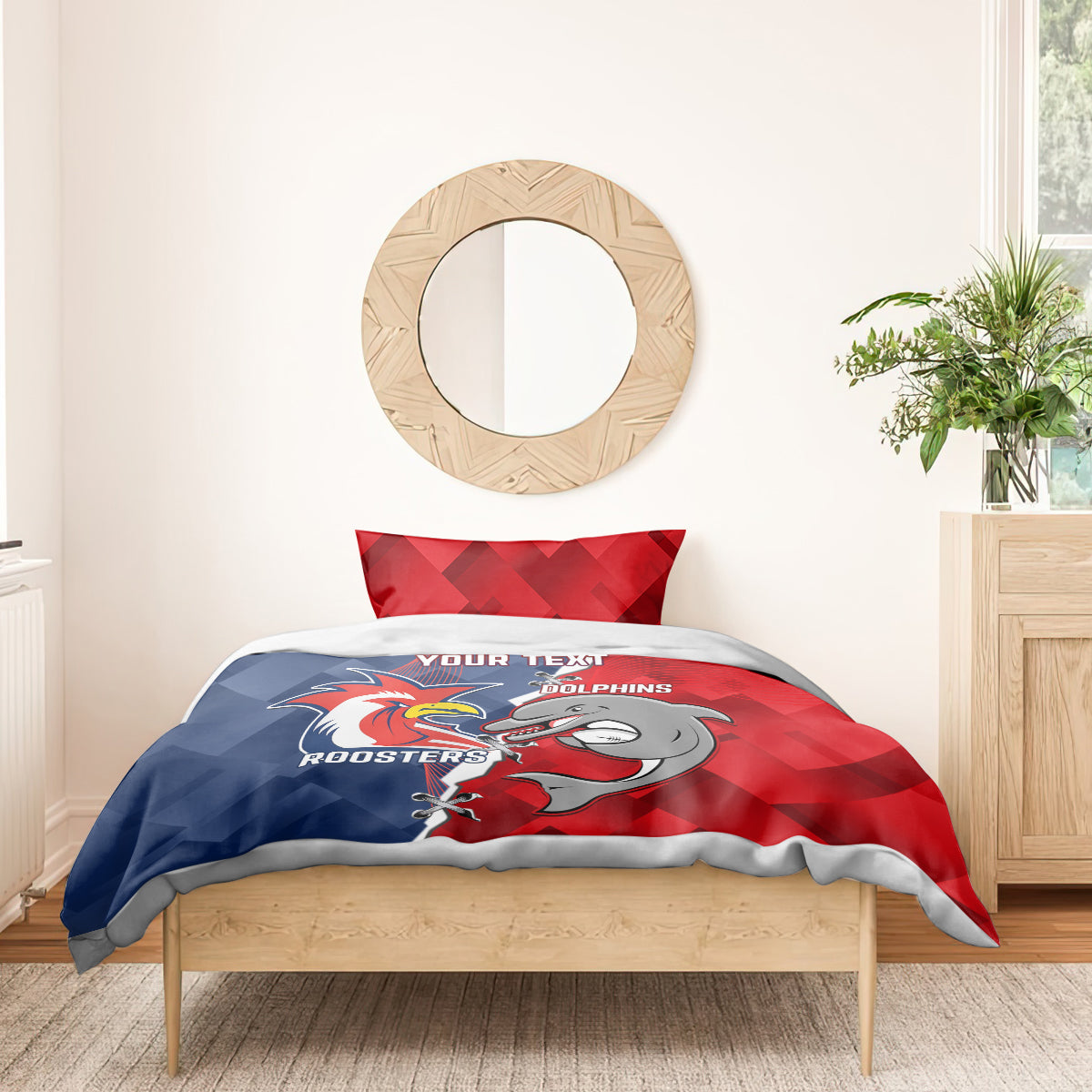 Personalised Dolphins And Roosters Rugby Bedding Set NRL Sporty Style - Vibe Hoodie Shop