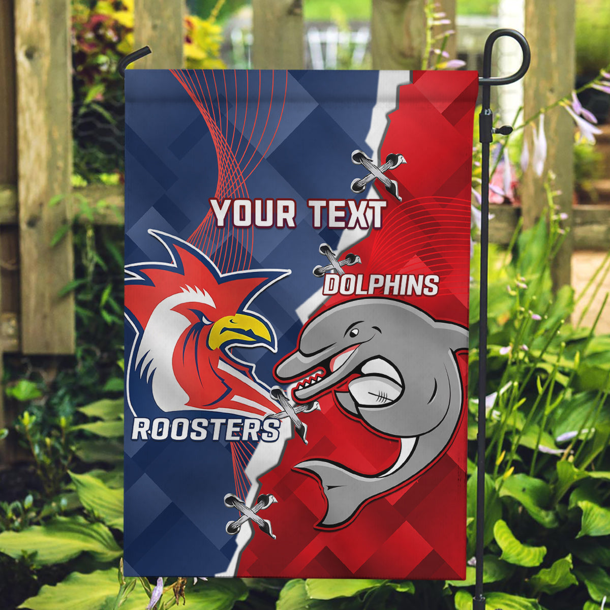 Personalised Dolphins And Roosters Rugby Garden Flag NRL Sporty Style - Vibe Hoodie Shop