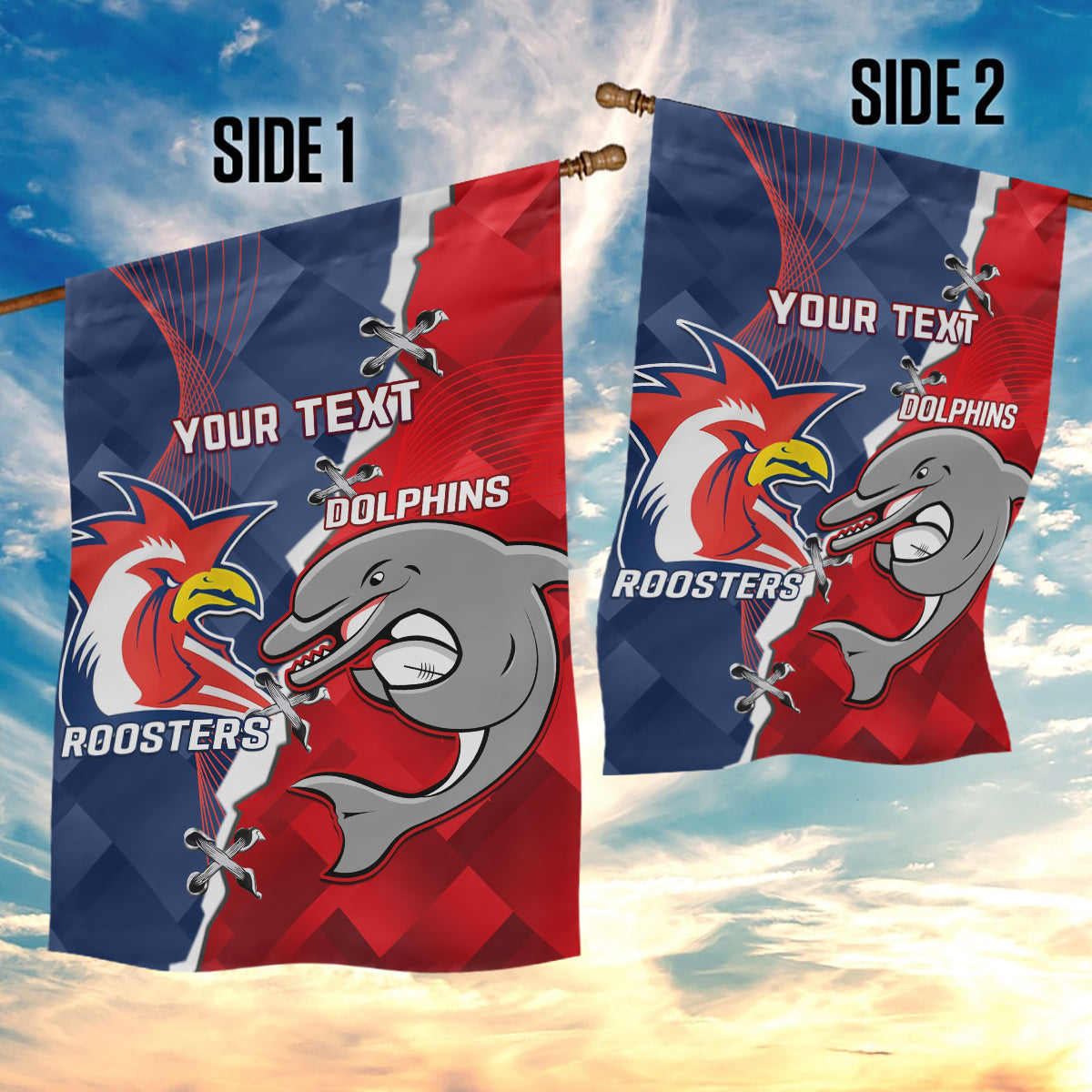 Personalised Dolphins And Roosters Rugby Garden Flag NRL Sporty Style - Vibe Hoodie Shop