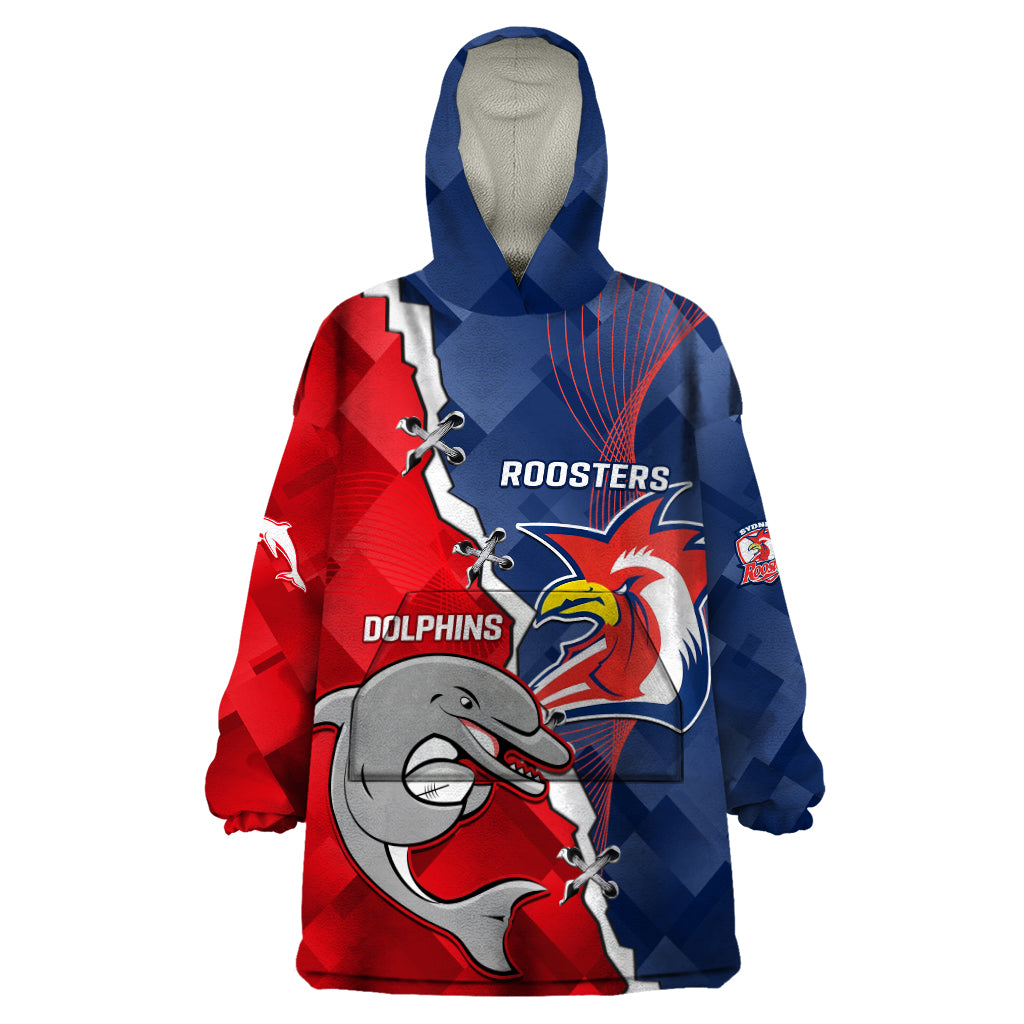 Personalised Dolphins And Roosters Rugby Wearable Blanket Hoodie NRL Sporty Style - Vibe Hoodie Shop