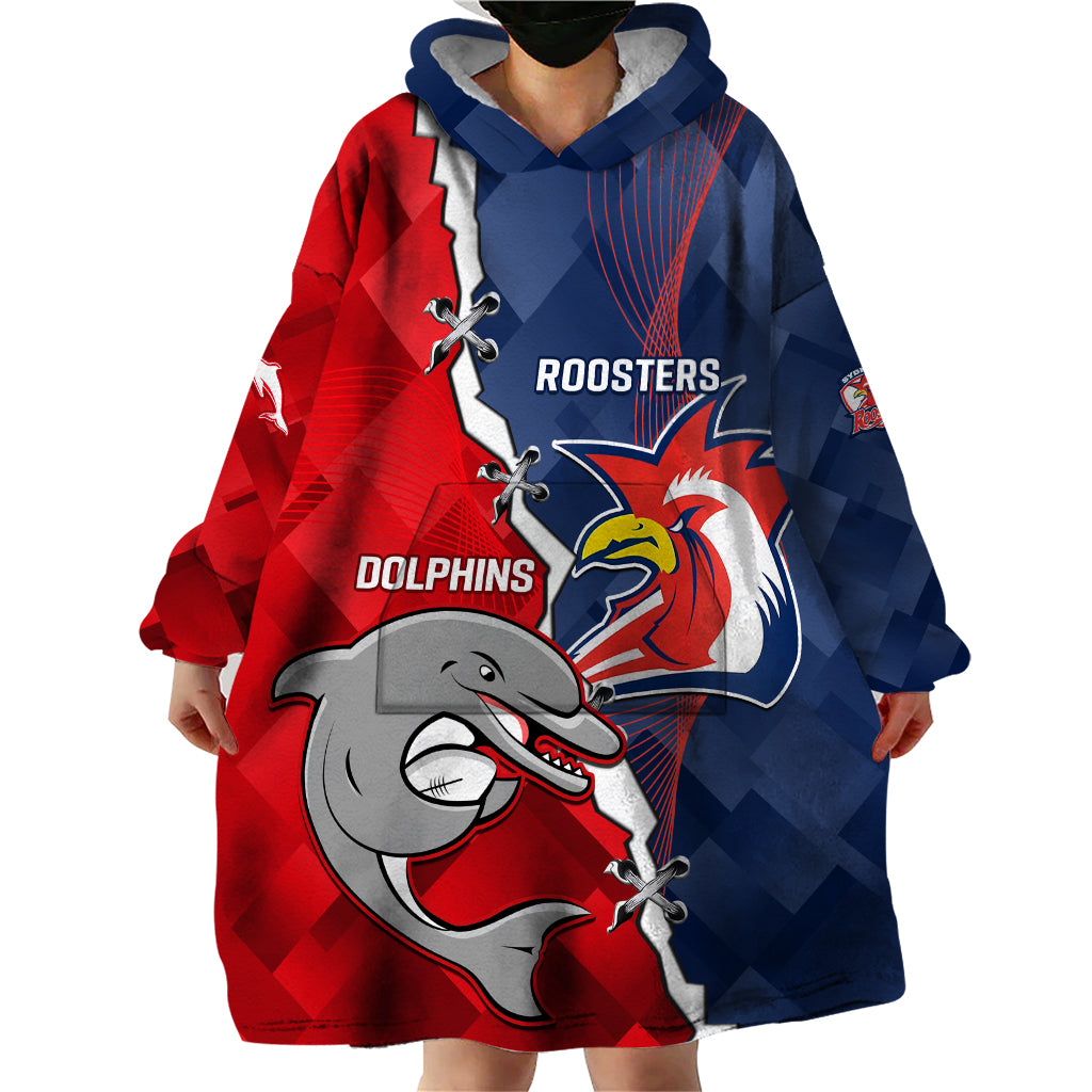 Personalised Dolphins And Roosters Rugby Wearable Blanket Hoodie NRL Sporty Style - Vibe Hoodie Shop