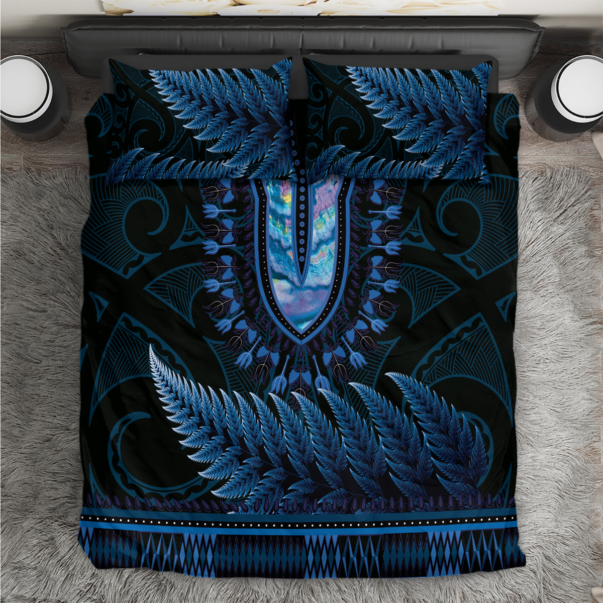 Blue African Dashiki With Aotearoa Maori Bedding Set Paua Shell Mix Silver Fern - Vibe Hoodie Shop