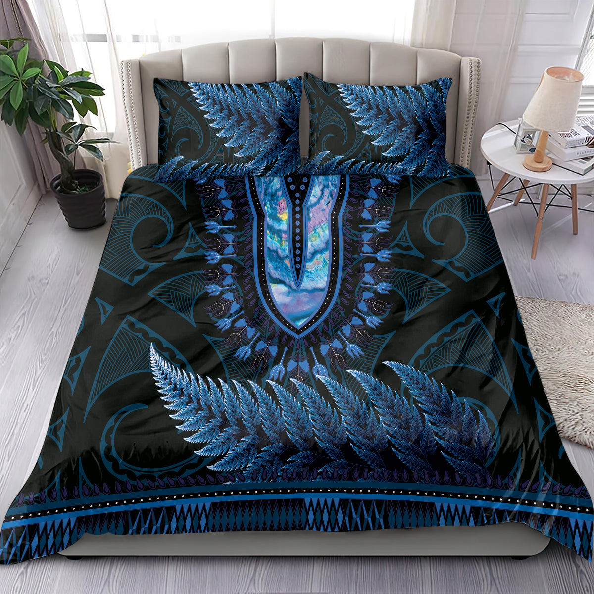 Blue African Dashiki With Aotearoa Maori Bedding Set Paua Shell Mix Silver Fern - Vibe Hoodie Shop