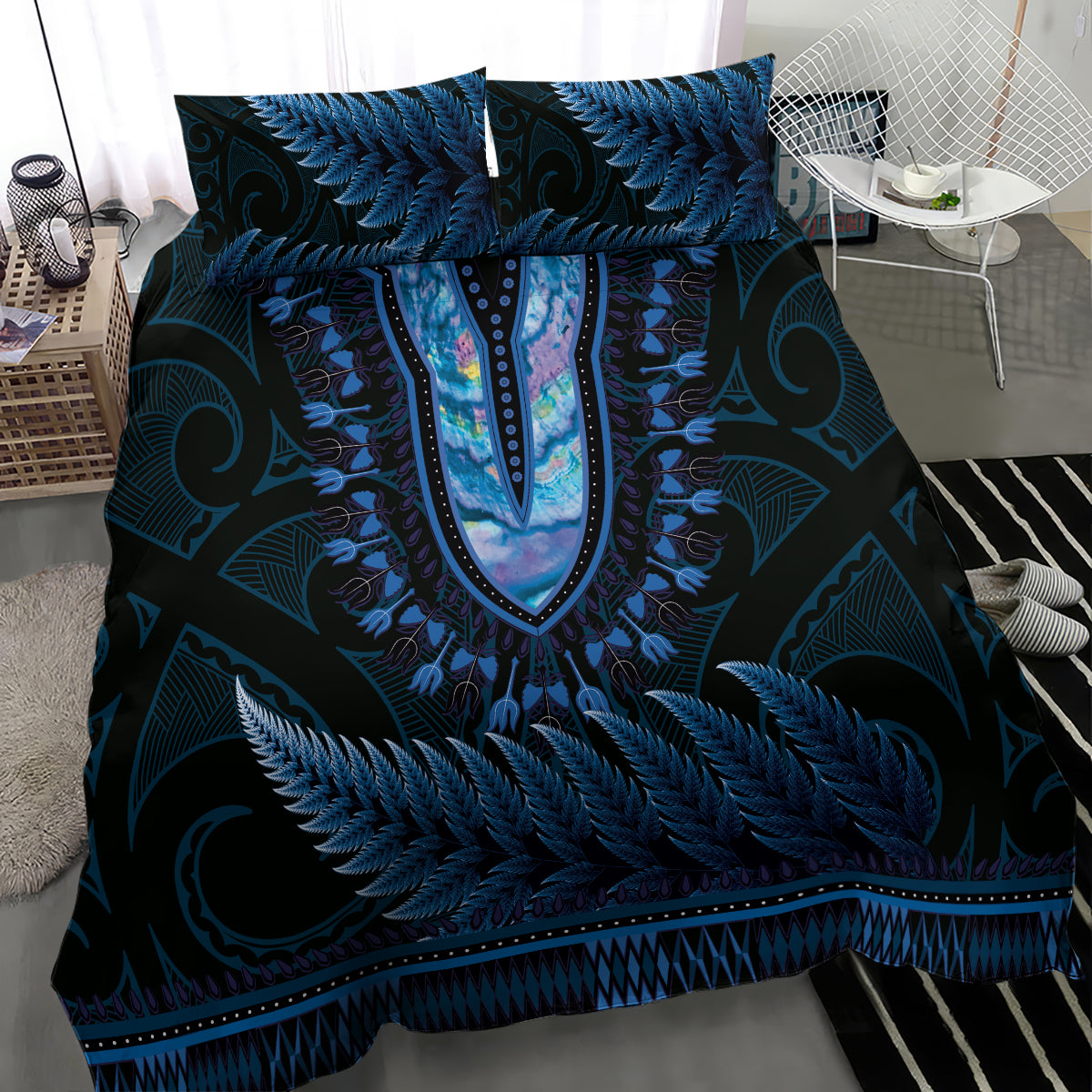 Blue African Dashiki With Aotearoa Maori Bedding Set Paua Shell Mix Silver Fern - Vibe Hoodie Shop
