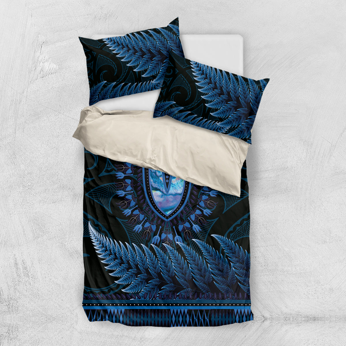 Blue African Dashiki With Aotearoa Maori Bedding Set Paua Shell Mix Silver Fern - Vibe Hoodie Shop