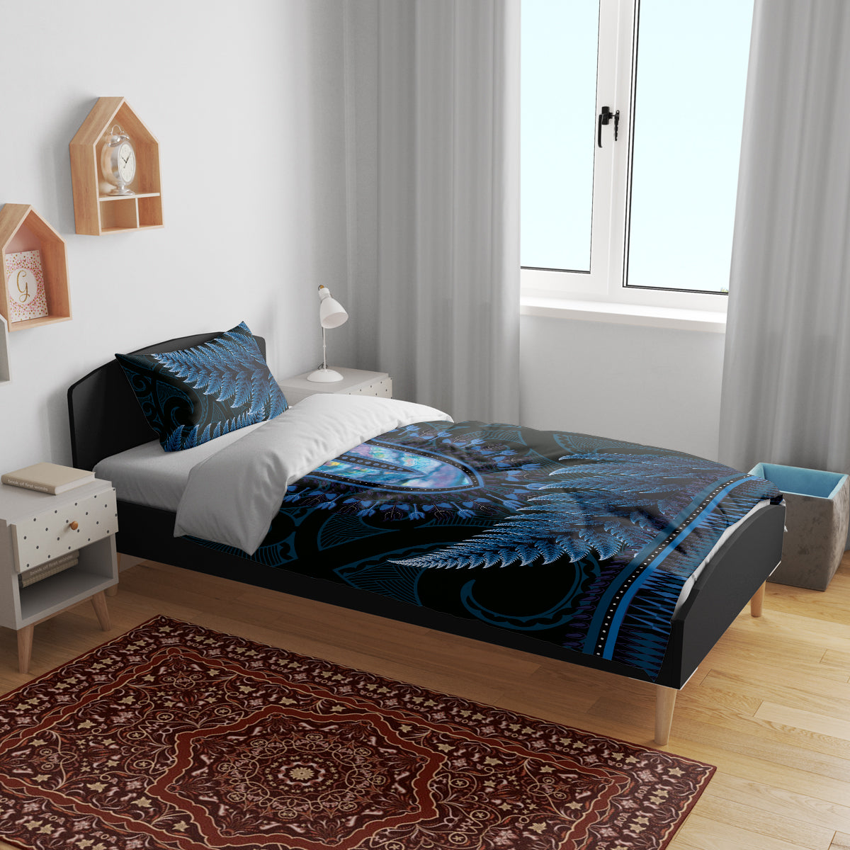 Blue African Dashiki With Aotearoa Maori Bedding Set Paua Shell Mix Silver Fern - Vibe Hoodie Shop