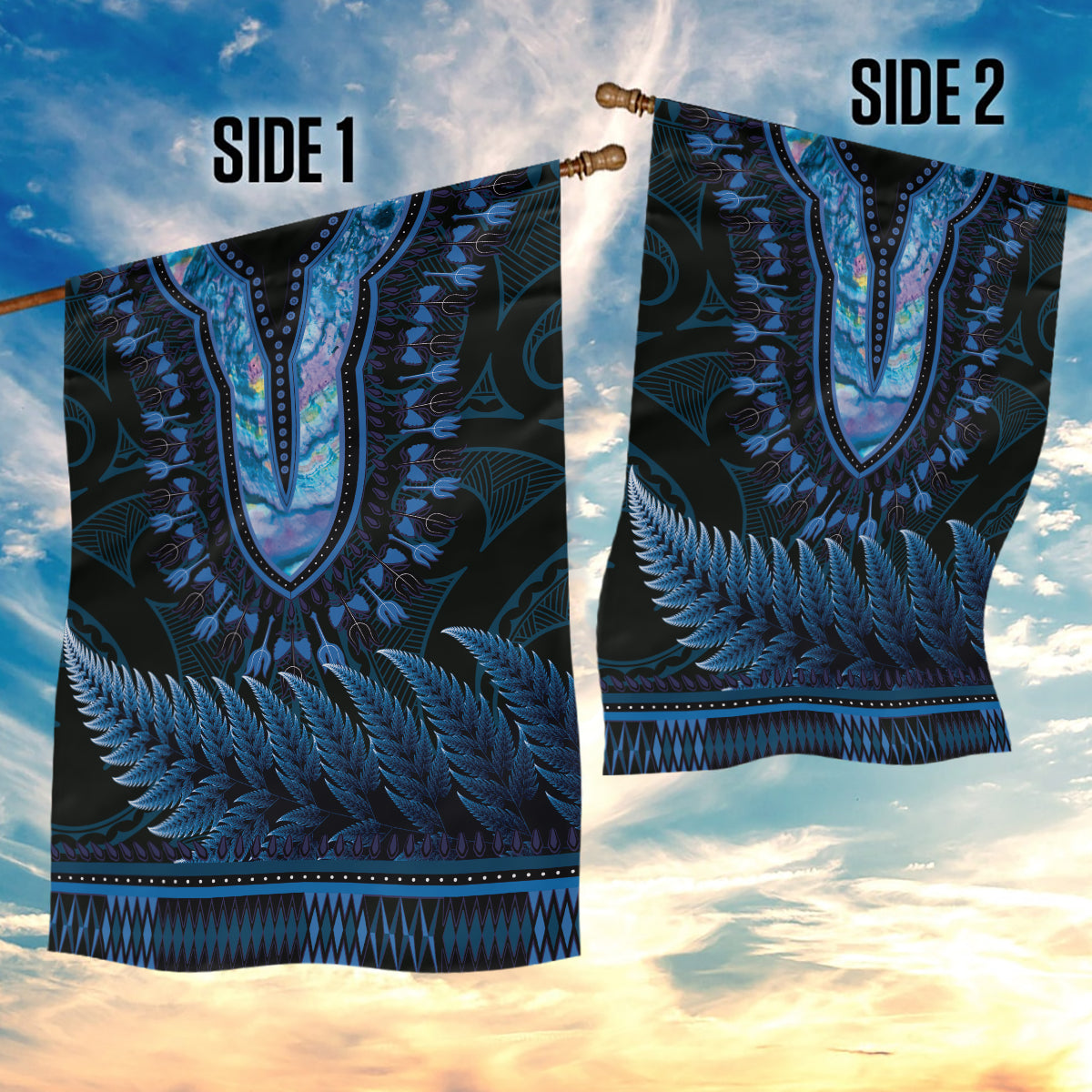 Blue African Dashiki With Aotearoa Maori Garden Flag Paua Shell Mix Silver Fern - Vibe Hoodie Shop