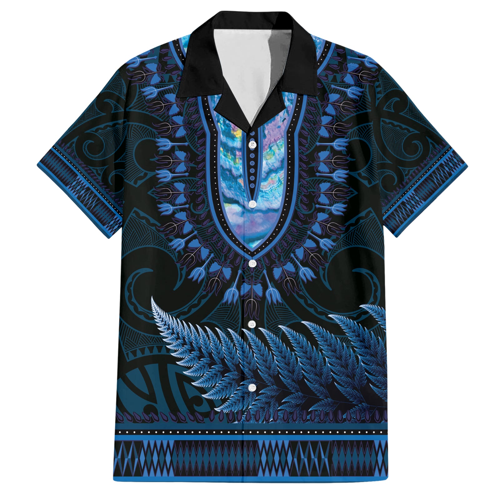 Blue African Dashiki With Aotearoa Maori Hawaiian Shirt Paua Shell Mix Silver Fern - Vibe Hoodie Shop