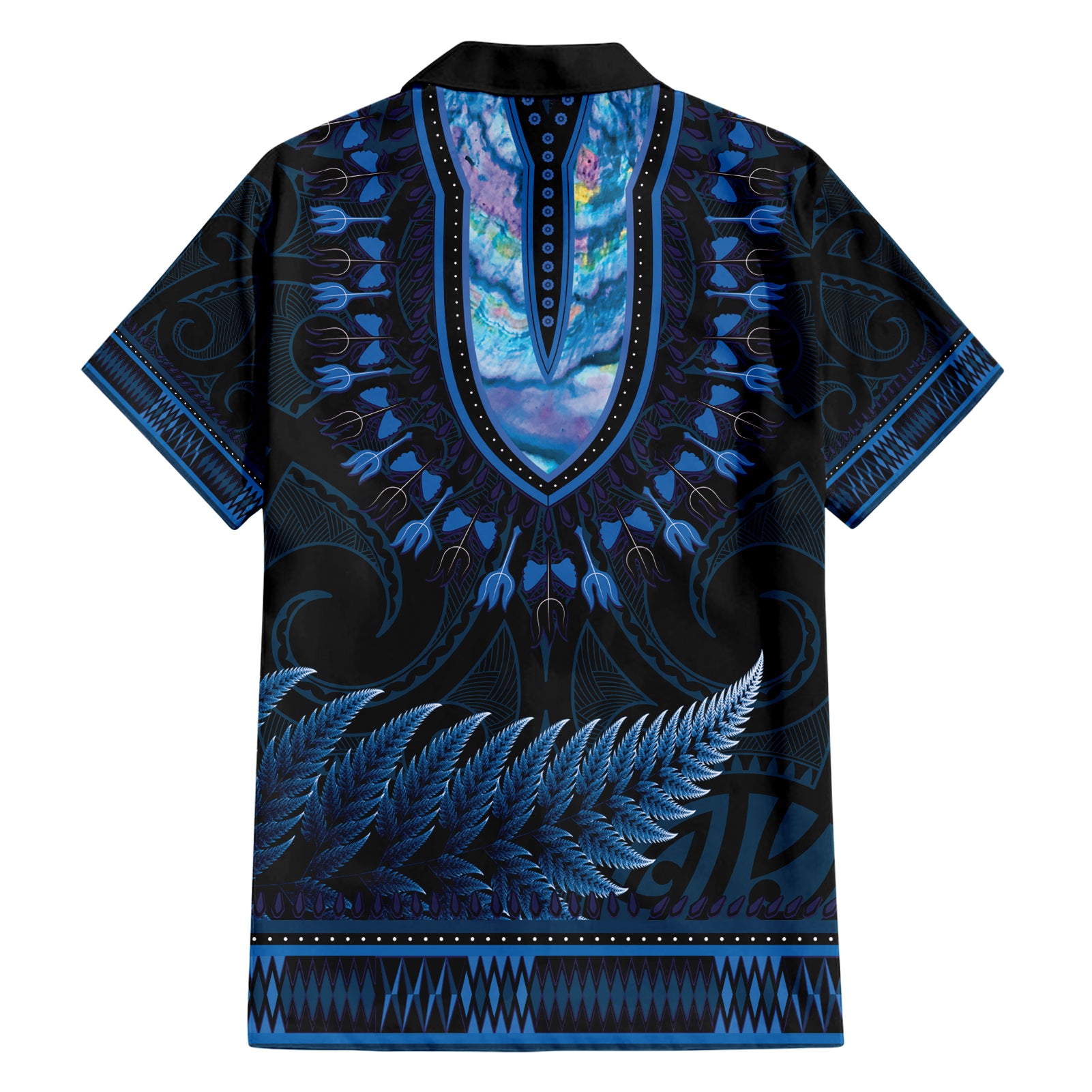 Blue African Dashiki With Aotearoa Maori Hawaiian Shirt Paua Shell Mix Silver Fern - Vibe Hoodie Shop