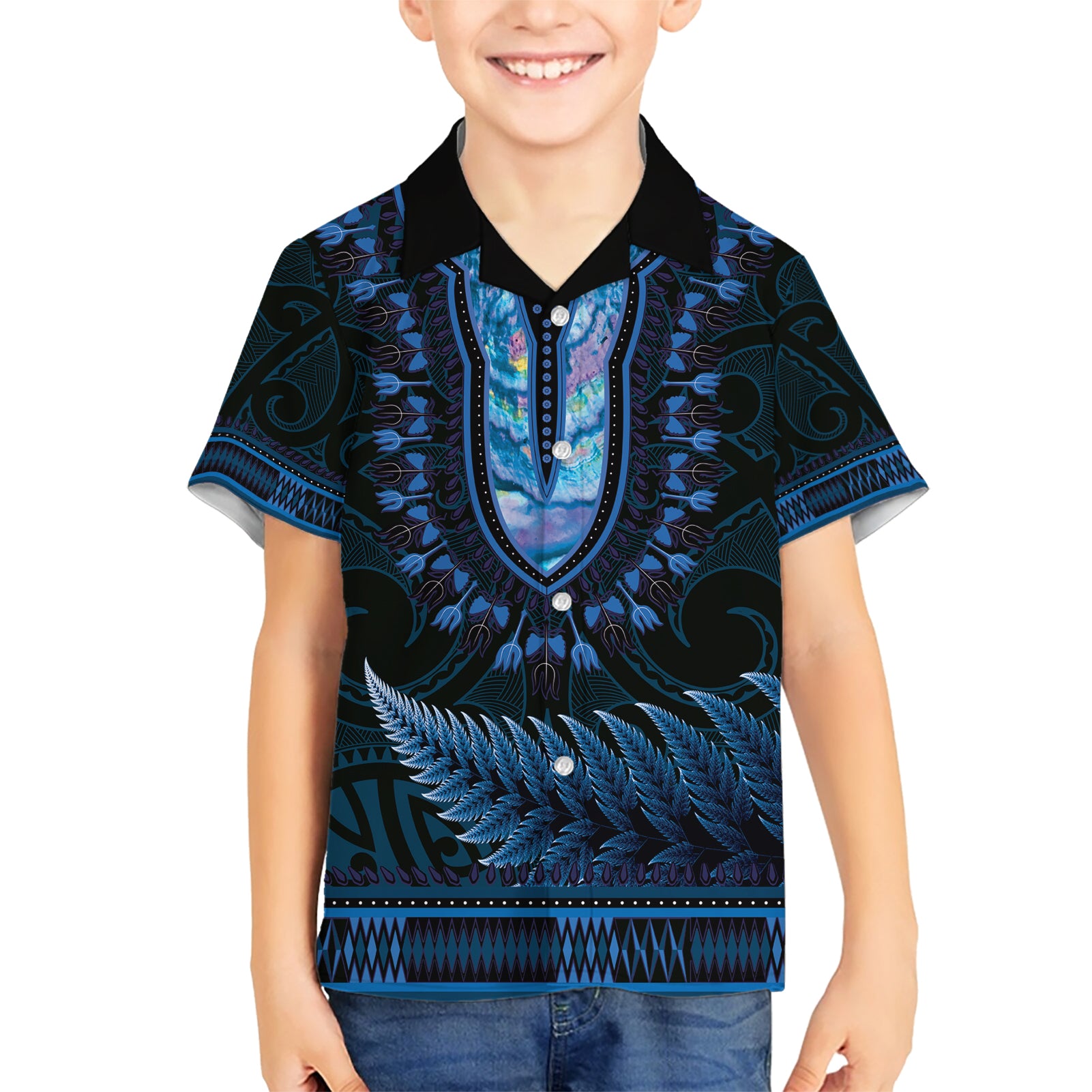 Blue African Dashiki With Aotearoa Maori Hawaiian Shirt Paua Shell Mix Silver Fern - Vibe Hoodie Shop