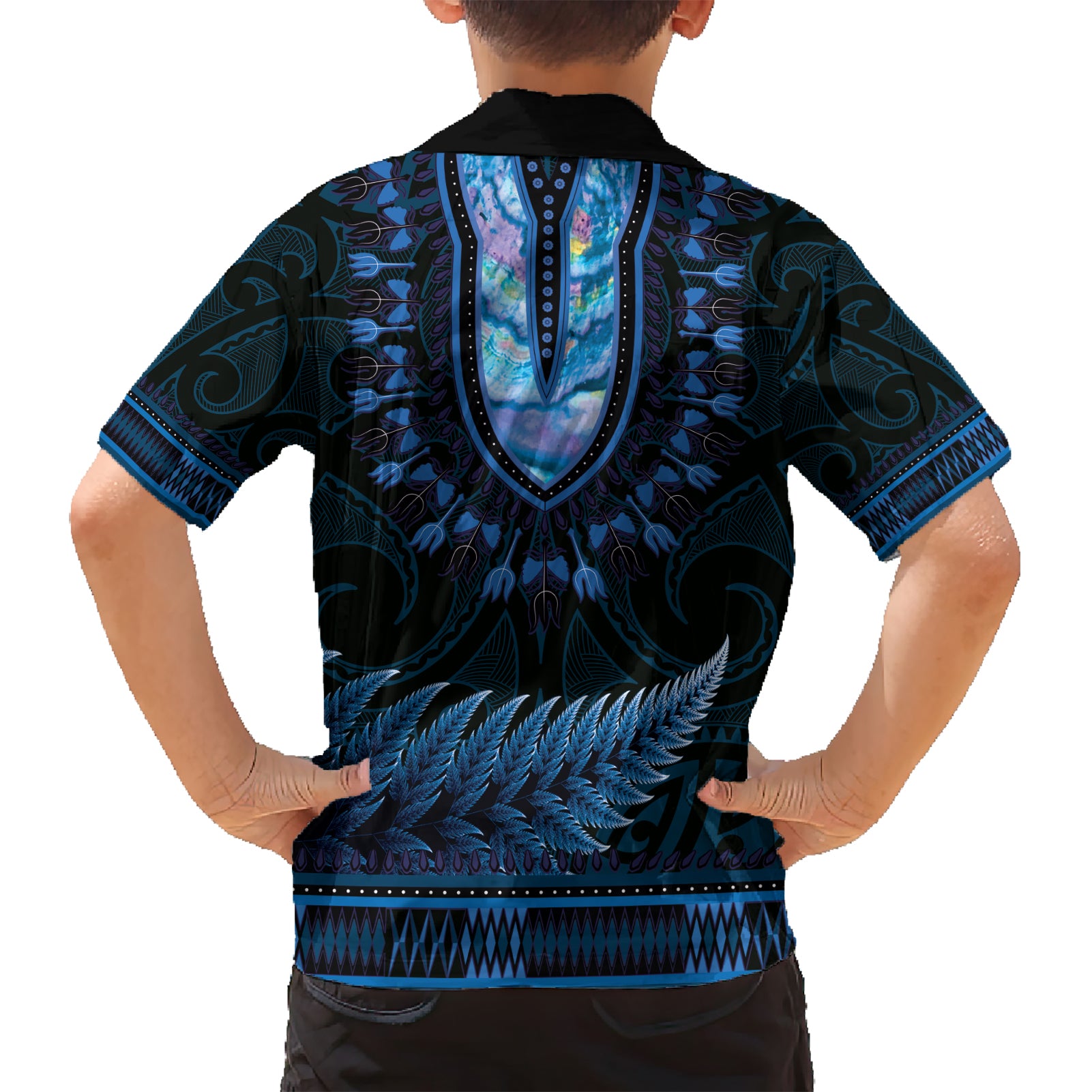 Blue African Dashiki With Aotearoa Maori Hawaiian Shirt Paua Shell Mix Silver Fern - Vibe Hoodie Shop