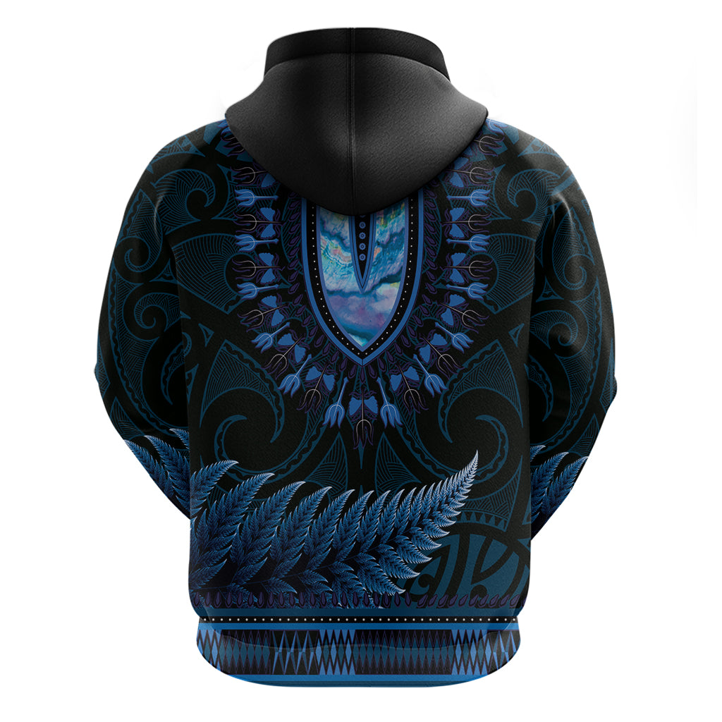 Blue African Dashiki With Aotearoa Maori Hoodie Paua Shell Mix Silver Fern - Vibe Hoodie Shop