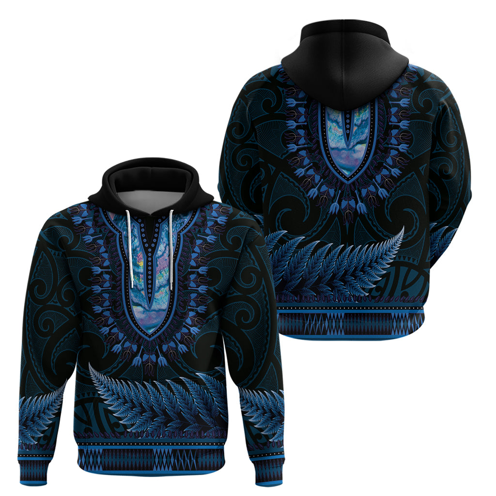 Blue African Dashiki With Aotearoa Maori Hoodie Paua Shell Mix Silver Fern - Vibe Hoodie Shop