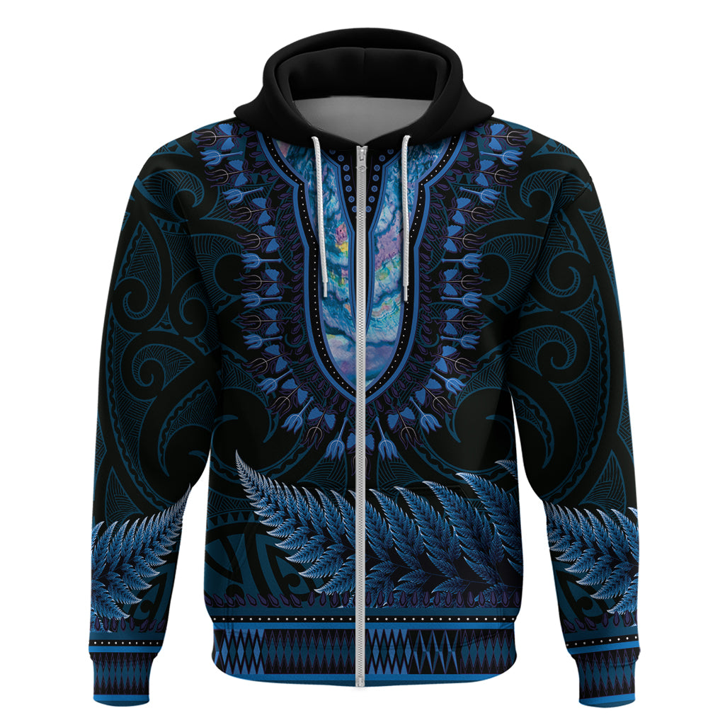Blue African Dashiki With Aotearoa Maori Hoodie Paua Shell Mix Silver Fern - Vibe Hoodie Shop