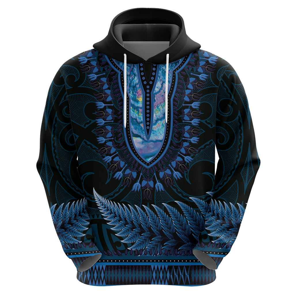Blue African Dashiki With Aotearoa Maori Hoodie Paua Shell Mix Silver Fern - Vibe Hoodie Shop