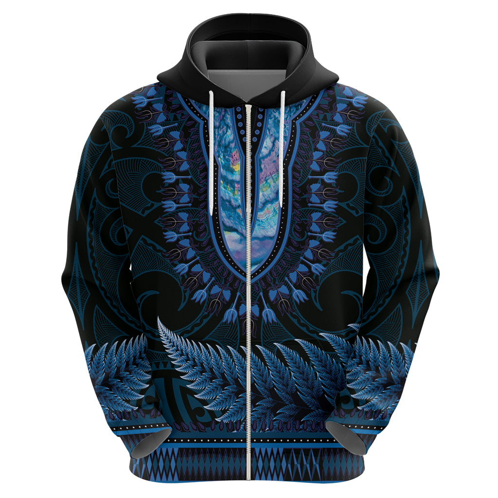 Blue African Dashiki With Aotearoa Maori Hoodie Paua Shell Mix Silver Fern - Vibe Hoodie Shop